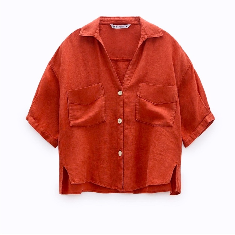 Zara Linen Blend Crop Shirt Button Down Short Sleeves Red-Orange